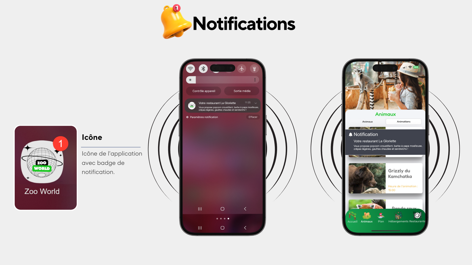 icône de l'application avec notification ainsi que deux smartphones représentant des notifications textuels