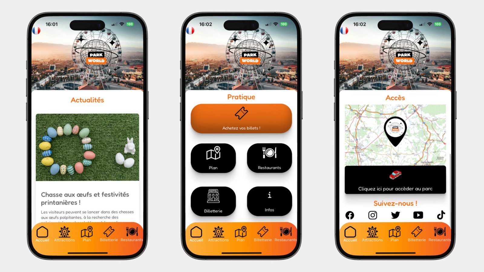 Trois smartphones représentant l'application parkworld sur la page d'accueil