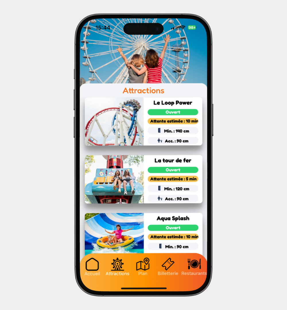 Smartphone représentant une liste d'attractions pour le parc d'attraction