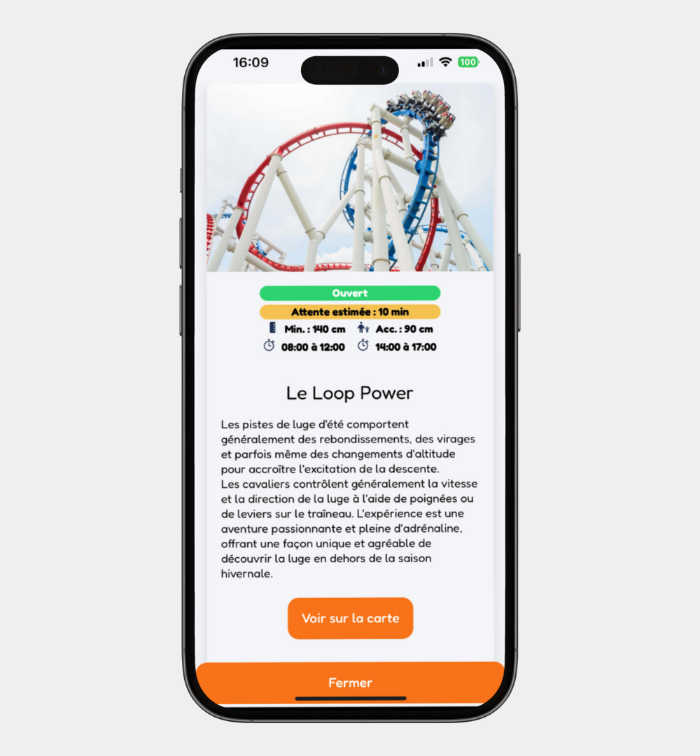 Smartphone représentant une fiche descriptive pour le parc d'attraction