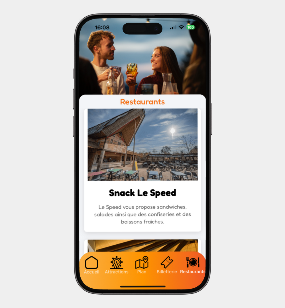 Smartphone représentant une liste de restaurants pour le parc d'attraction