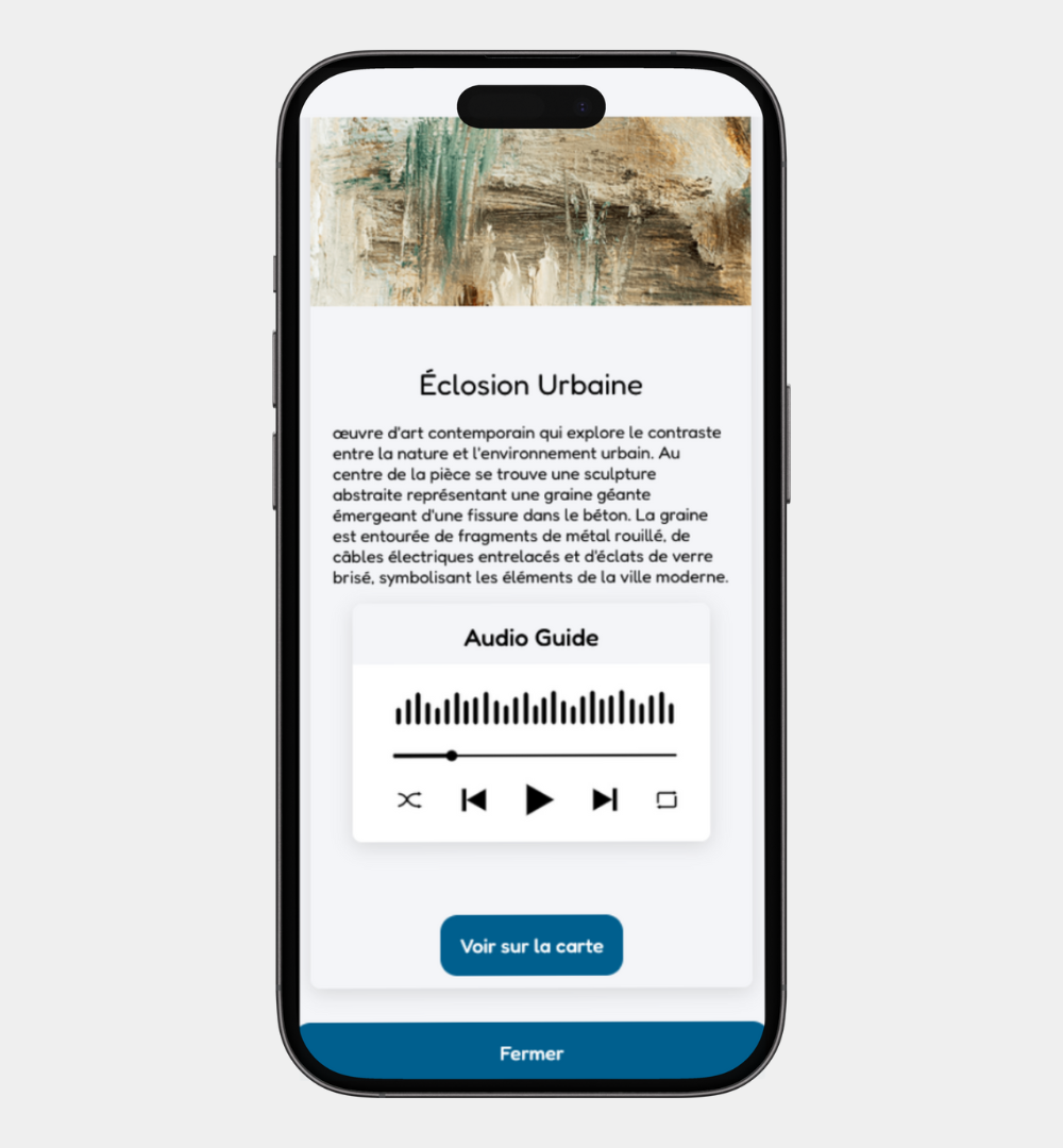 Smartphone représentant une fiche descriptive ainsi qu'un audio guide