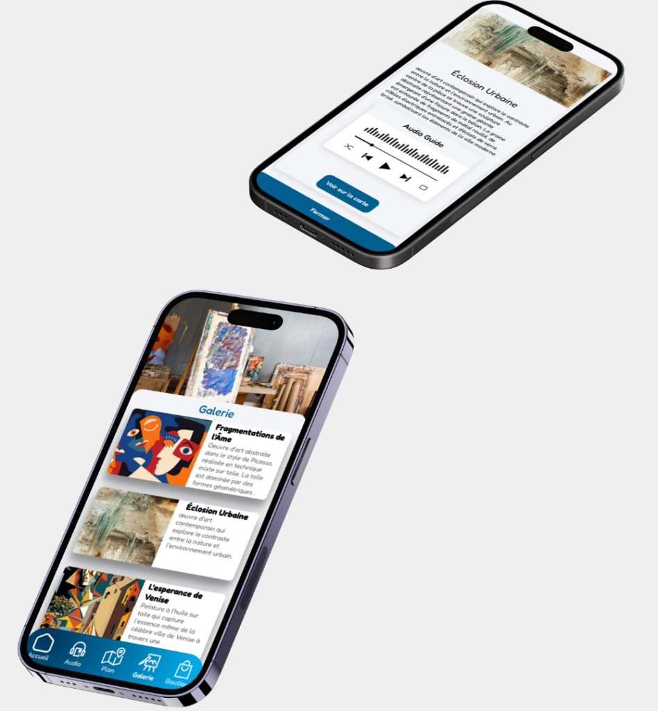 Deux smartphones représentant une liste de galeries d'art et un audio guide