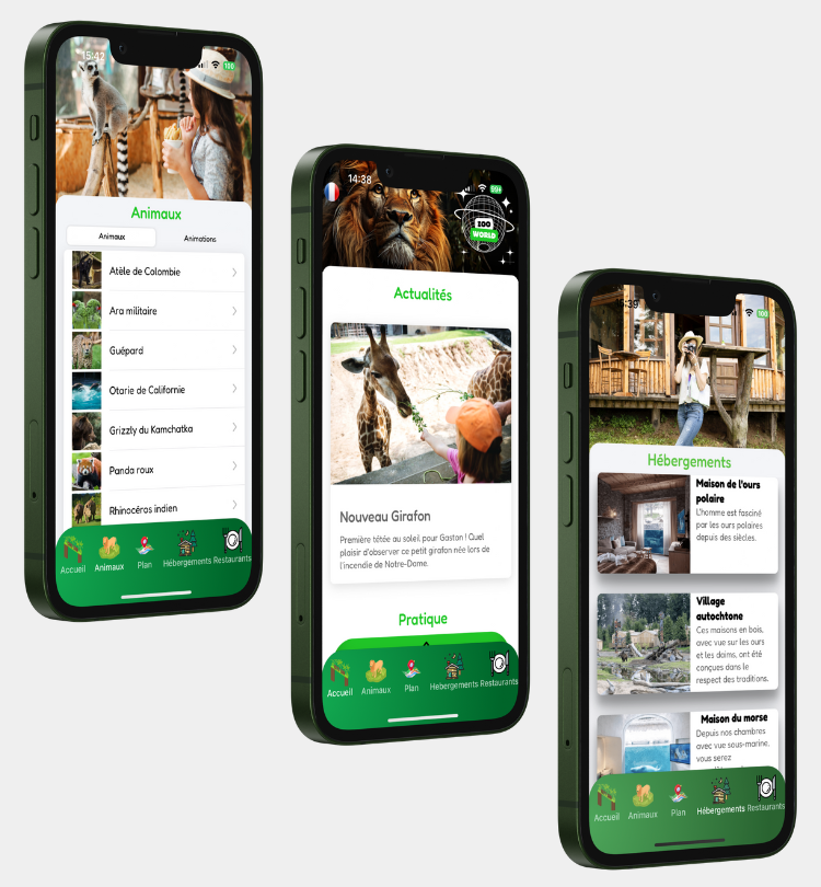 Trois smartphones représentant l'application zooworld