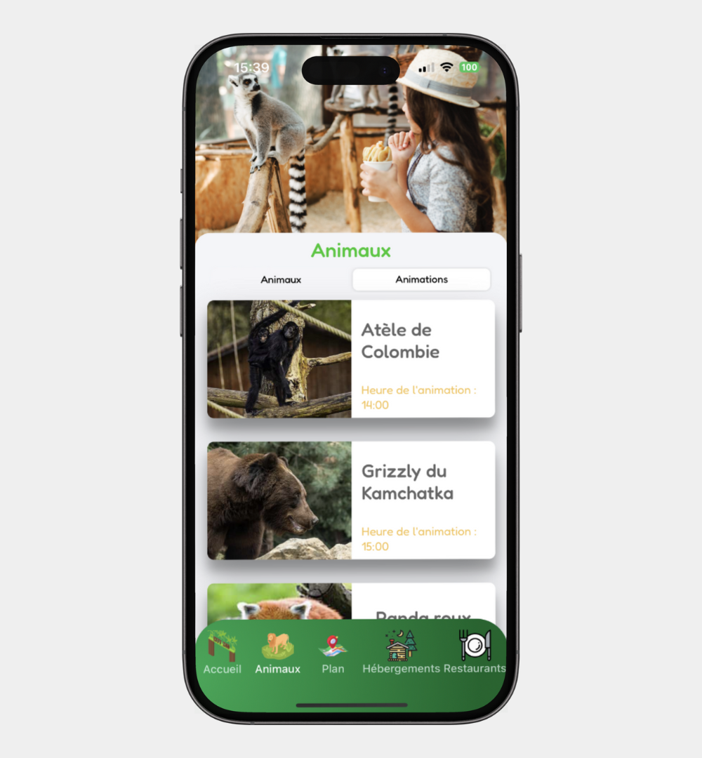 Smartphone représentant une liste d'animations du zoo