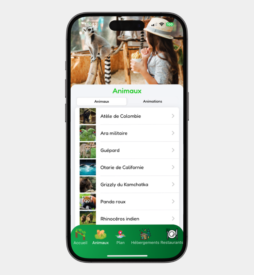 Smartphone représentant une liste d'animaux du zoo