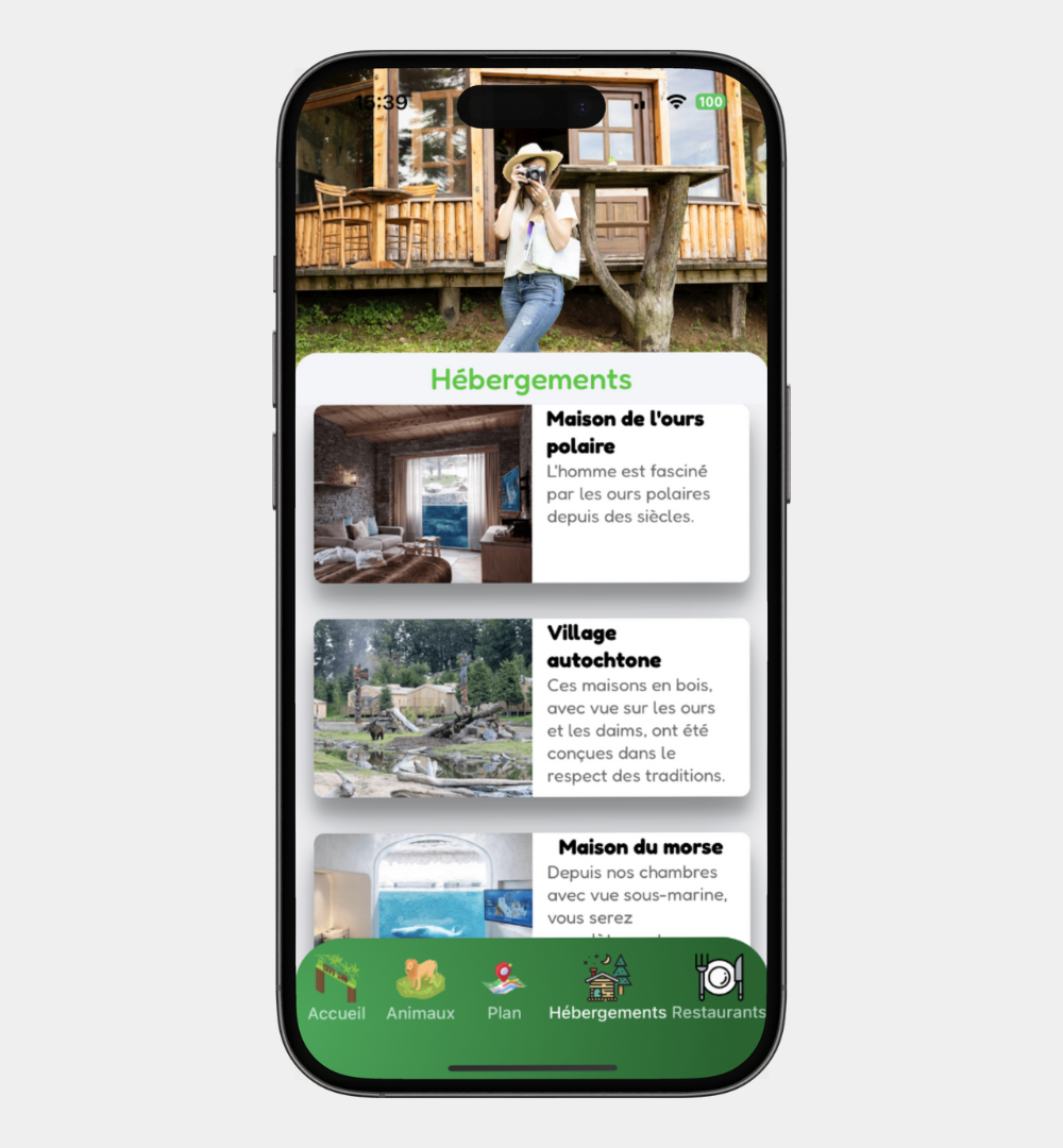 Smartphone représentant une liste d'hébergements pour le zoo