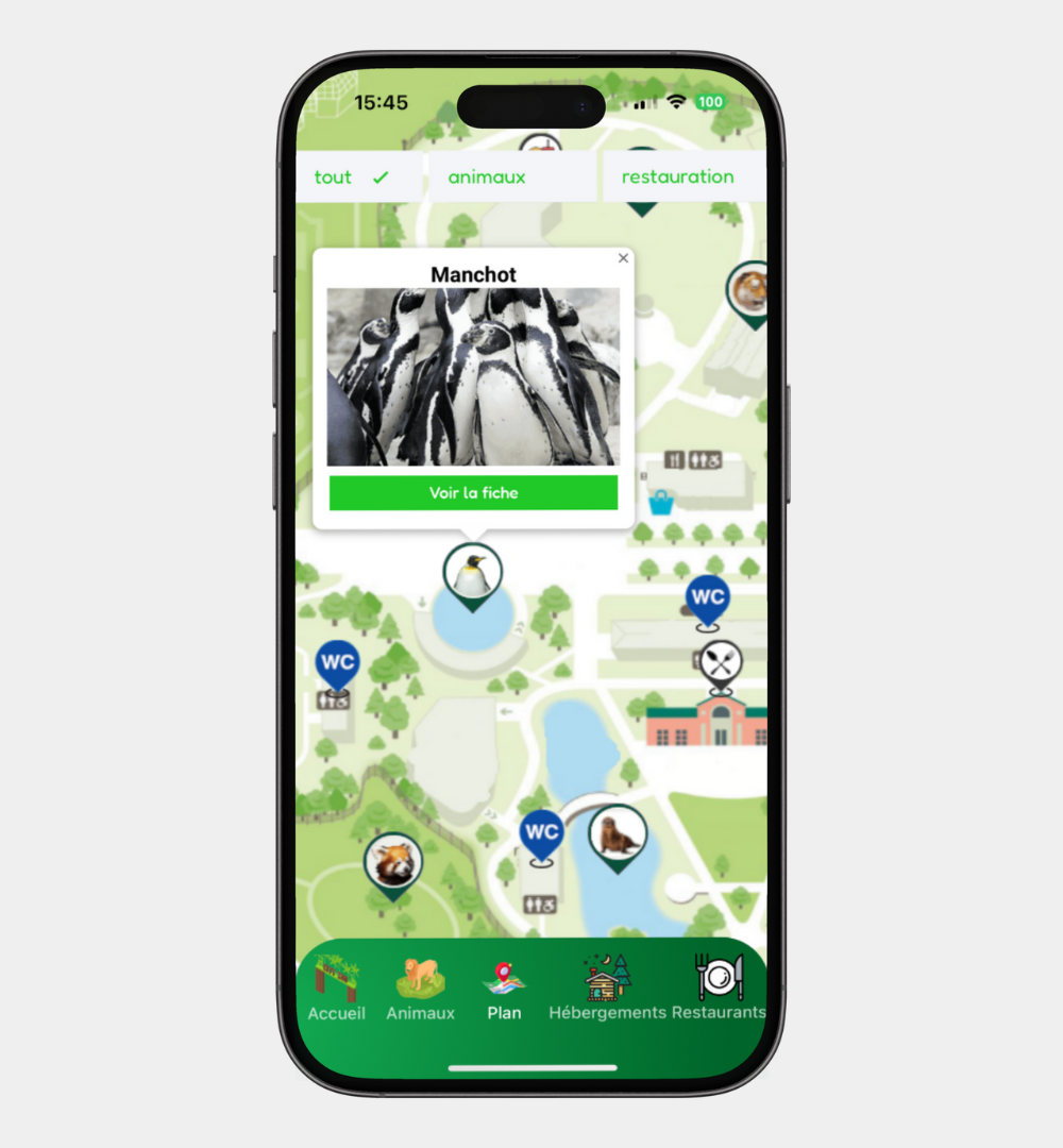 Smartphone représentant un plan géolocalisé du zoo